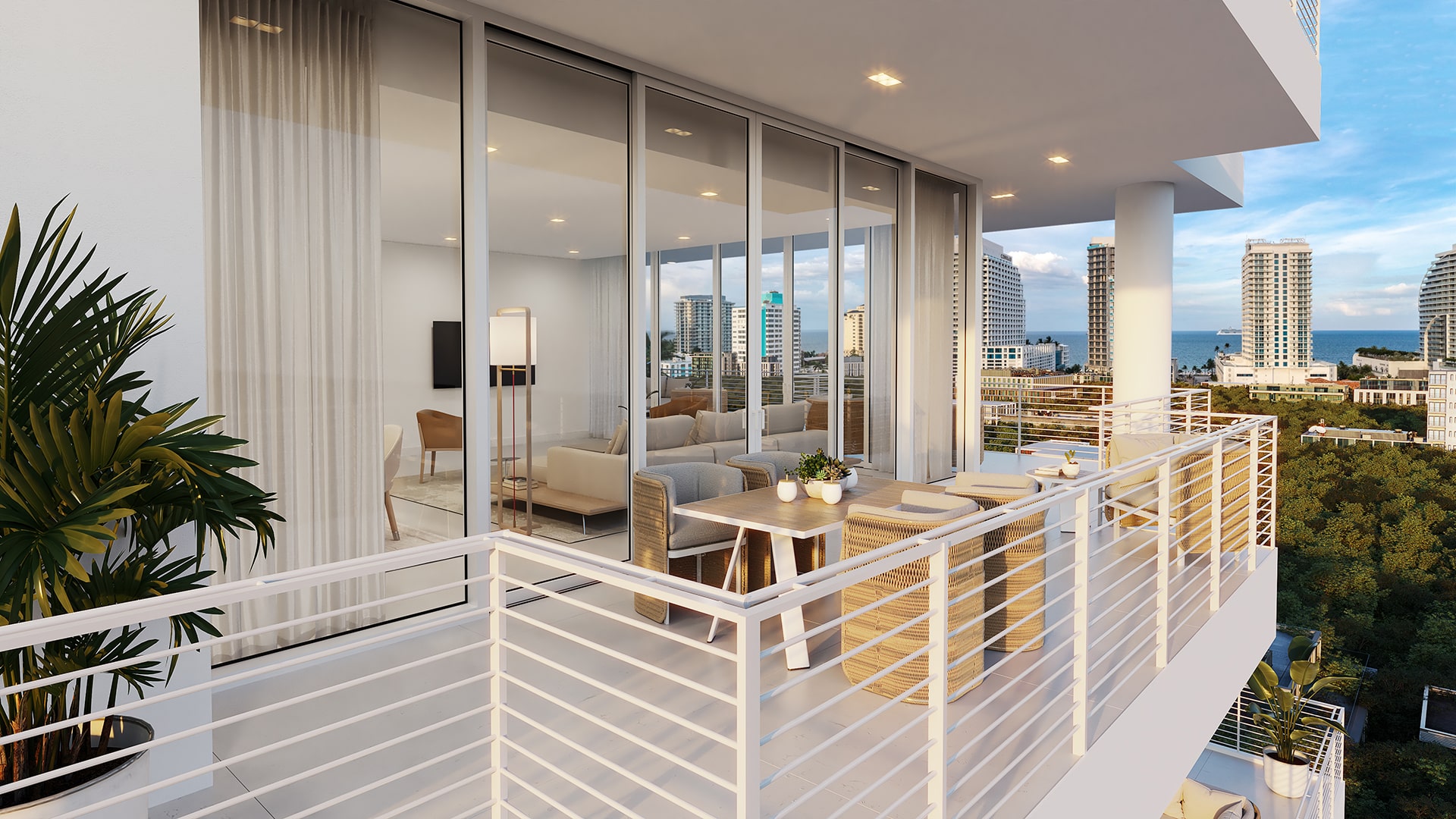 Residence terrace showcases blue skies and beautiful views.